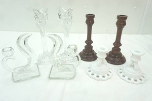 lot 35 image: Vintage Candle Holders, Crystal, Wood, and Milk Glass