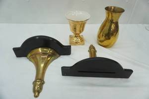 lot 56 image: Vintage Brass Wall Shelves, Brass Vase, and Gold Gilt Type Ceramic Vase
