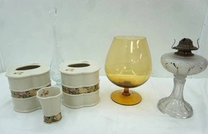 lot 71 image: Vintage Ceramic Tissue Box Covers, Large Amber Colored Brandy Snifter, Antique Frosted Glass Oil Lamp And more