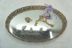 lot 77 image: Vintage Vanity Mirror Tray with Jewelry & Buttons