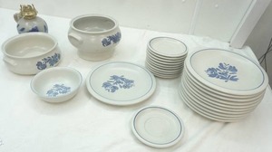 lot 8 image: Pfaltzgraff Yorktowne Stoneware Dinnerware Set & Salmon Falls Pottery Oil Lamp (Salt Glazed)