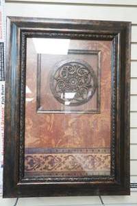 lot 98 image: Framed Wall Hanging with an Ornate Metal Medallion Design