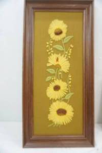 lot 99 image: Vintage Framed Crewel Embroidery Wall Art Featuring Sunflowers