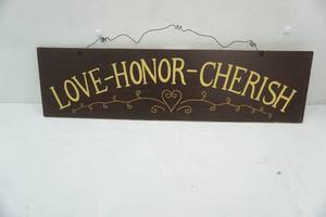 lot 102 image: Love-Honor-Cherish Wooden Wall Hanging. 24x6.25