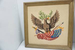 lot 104 image: Vintage Framed Patriotic Needlepoint Artwork. American Eagle with Laurels on American Flag