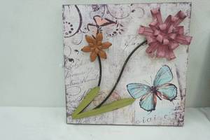 lot 110 image: 3D Mixed Media Artwork. 16x16x1. Floral Design on Vintage Type Background.