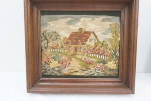 lot 112 image: Framed Needlepoint Artwork. Country Cottage Scene