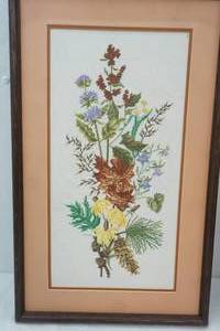 lot 113 image: Framed Cross-Stitch from Bernat Native Flowers Kit. 16x25