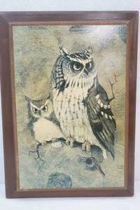 lot 119 image: Vintage Richard Hinger Screech Owl Wood Framed Plaque Picture. 1970s