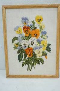 lot 120 image: Vintage Framed Crewel Embroidery Piece. Pansies