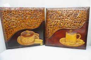 lot 125 image: Pair of Metal Coffee Wall Art Pieces. 19x19x1