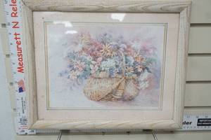 lot 128 image: Framed Art Print. Floral Arrangement & Wicker Basket