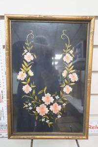 lot 129 image: Vintage Framed Piece of Embroidered Textile. Pink & White Floral Motif.