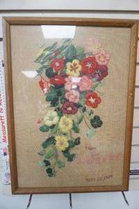 lot 133 image: Vintage Crewel Embroidery Floral Design. Framed with glass.