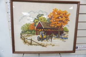 lot 134 image: Vintage Crewel Embroidery Autumn Buggy Theme. Famed with glass.