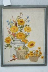 lot 137 image: Vintage Framed Crewel Embroidery Floral Design.