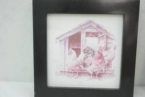 lot 138 image: Framed Art Print. 10x10x1. Rooster & Hens