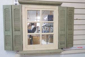 lot 150 image: Green and White Distressed Wood Window Pane Mirror with Shutters