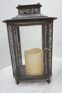 lot 154 image: Black Metal and Glass Decorative Lantern with Flameless LED Candle