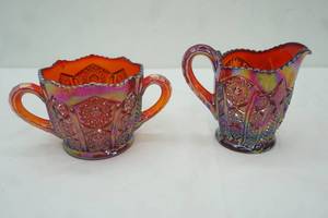 lot 165 image: Vintage Red Carnival Glass Cream & Sugar by Indiana Glass (one still has sticker inside)