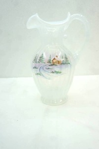 lot 174 image: Fenton Glass Co. Hand-Painted Iridescent White Glass Pitcher