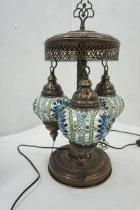 lot 193 image: Handmade Turkish Mosaic Table Lamp with three globes and an antique bronze finish base