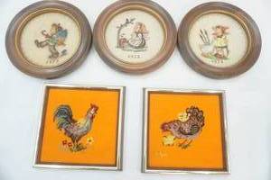 lot 60 image: Vintage Hummel Wall Plates & Vintage Needle Point Rooster and Hen