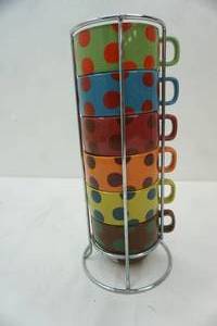lot 221 image: World Market Stacking Multicolor Mugs with Chrome Stand. Set of Six