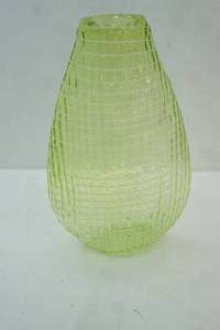 lot 222 image: Hand-Blown Lime Green Glass Vase wtextured, ribbed design. 10.5 tall