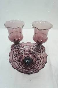 lot 231 image: Vintage Viking Glass Amethyst Diamond Compote Bowl Vintage Morgantown Purple Amethyst Hurricane Candle Holders
