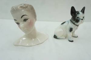 lot 239 image: Vintage Mid Century Modern Glamour Girl Head Vase Vintage Ceramic French Bulldog Figurine