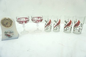 lot 241 image: Libbey Red Cardinal Glasses (4ct) Ruby Champagne Glasses Vintage Fenton hand-painted satin custard glass clock Cardinal Winter Scene