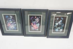 lot 249 image: (3ct) Zhostovo-Style Floral Paintings. Framed, matted, with glass