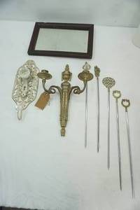 lot 272 image: Vintage Mirror, Brass Wall Sconce, Vintage Brass Turkish Meat Skewers, Ornate Door Knob Wall Hook