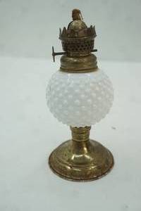 lot 291 image: Vintage Miniature Hobnail Milk Glass Oil Lamp with Brass Burner