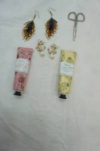 lot 318 image: Peacock Beaded Earrings, Anchor Earrings, Rose Hand Cream & Osmanthus Hand Cream