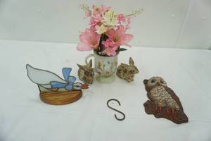 lot 351 image: Vintage Owl Wall Hanging, Ceramic Bunnies, Hand-Painted Coffee Cup Flower Arrangement and More