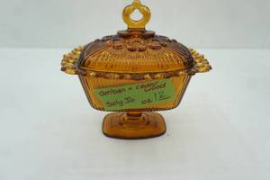 lot 366 image: Vintage Indiana Glass Amber Lace Edge Footed Pedestal Candy Dish Candle Amber & Cedar Wood