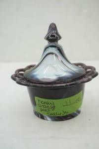 lot 367 image: Vintage Imperial Purple Slag Glass Covered Candy Dish Honey Orange Peel