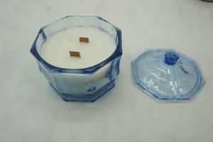 lot 369 image: Vintage Indiana Glass Concord Blue Octagonal Lidded Candy Dish Candle 6 tall by 5.25 tall