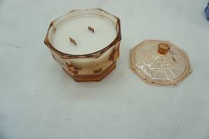lot 370 image: Vintage Indiana Glass Company Pink Depression Glass Octagonal Covered Candy Dish Candle 6 tall by 5.25