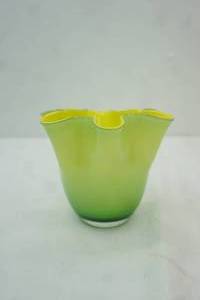 lot 393 image: Ruffled Glass Vase 4.5 tall with a 5.5diameter. Green and yellow