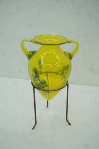 lot 414 image: MCM Hand-Blown Art Glass Vase & Metal Stand 16 tall