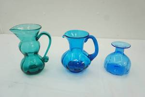 lot 426 image: Teal Glass Pitcher, Blue Glass Pitcher, Blue Glass Bud Vase