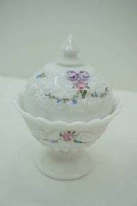 lot 452 image: Vintage Westmoreland Milk Glass Lidded Pedestal Candy Dish 7 tall and 5.5wide