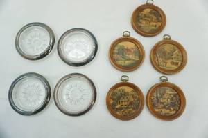 lot 457 image: Vintage Silver-Plated Glass Starburst Coasters Vintage Woodcroftery Wooden Framed Round Mini Prints