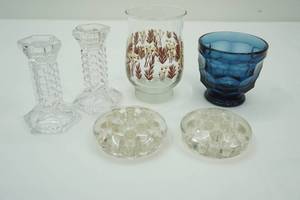 lot 458 image: Glass Candleholders, Glass Flower Frogs, Vintage Viking Georgia Honeycomb Charcoal Blue Glass Tumbler, Vintage Butterfly and Wheat Candle Holder