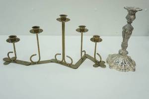 lot 460 image: Antique Victorian Silver Toned Candlestick 10.5 tall (silver-plated) Vintage Brass Accordion Folding Five-Arm Candelabra