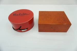 lot 468 image: Vintage Burl Wood Finish Jewelry Box and Halston Hat Box