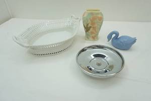 lot 474 image: Vintage Consolidated Phoenix Glass Hummingbird and Trumpet Flower Pattern Vase, Kromex Lazy Susan for Serving Tray, Vintage KPM Berlin Porcelain Basket